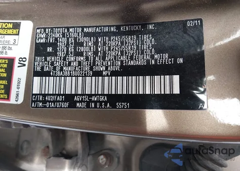 2011 Toyota Venza из США, поврежденный, VIN 4T3BA3BB1BU022139